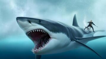 Big shark and diver surfing at ocean. photo