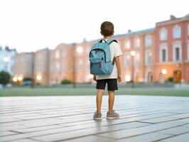 estudiante chico con mochila en camino a escuela. concepto de espalda a escuela. ai generado foto