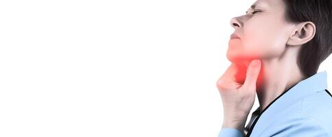 Painful neck. Concept of sore throat, pharyngitis, laryngitis,etc. photo