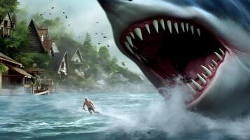 Giant shark going to catch diver surfing at ocean. Adventure at sea. photo