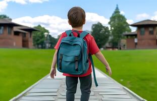 estudiante chico con mochila en camino a escuela. concepto de espalda a escuela. ai generado foto