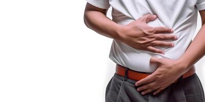 Asian man suffering from upper abdominal pain. photo
