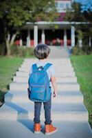 Student boy with backpack on way to school. Concept of back to school. photo