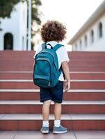 Student boy with backpack on way to school. Concept of back to school. photo