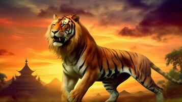 fantástico Tigre a hermosa puesta de sol en asiático historia. ai generado foto