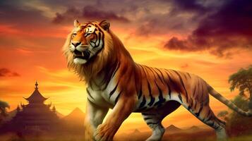 Fantastic tiger at beautiful sunset in asian history. photo
