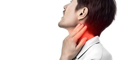 Pain in the neck. Concept of neck stiffness, nuchal rigidity. photo