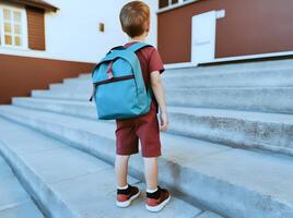 Student boy with backpack on way to school. Concept of back to school. photo