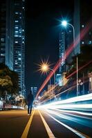 hora lapso fotografía de vehículo luces y un hombre a noche en ciudad. ai generado foto