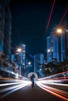 Time lapse photography of vehicle lights and a man at night in city. photo