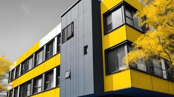 modern apartment house with yellow facade on blue sky background , photo