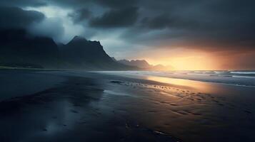 sunset on the beach of iceland , photo