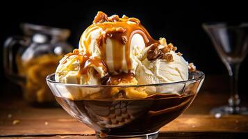 vanilla ice cream in a bowl with molten butterscotch , photo