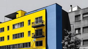 azul y amarillo edificio en el ciudad generativo ai, ai generado foto