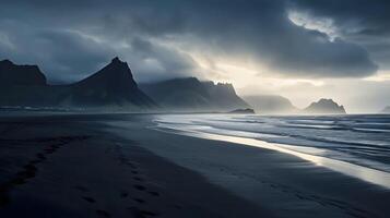 sunset on the beach of iceland , photo