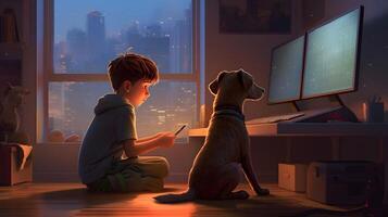 a dog and a boy watching television , photo