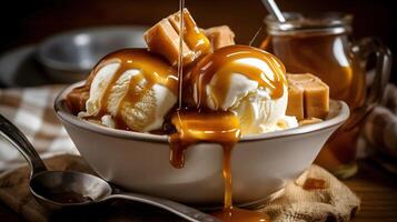vanilla ice cream in a bowl with molten butterscotch , photo