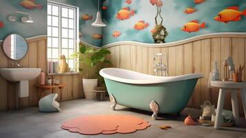 beautiful cartoon interior of the bathroom with a beautiful view of the flowers and a fish , photo