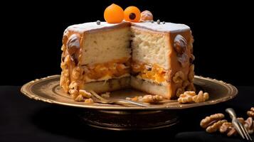 A cake with a slice taken out of it , photo