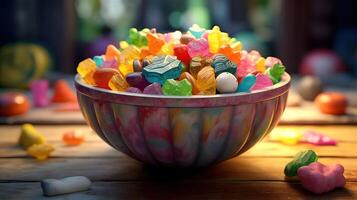 colorful candies in a bowl , photo