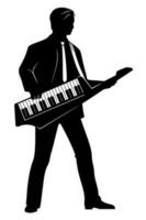 Silhouette of man playing on a keytar. Vector clipart isolated on white.