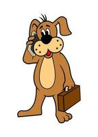 Cartoon Dog with briefcase standing and speaking by cell phone. Vector clipart isolated on white.