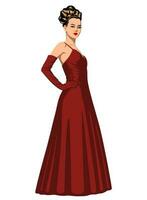 mujer en el largo rojo vestido. vector clipart aislado en blanco.