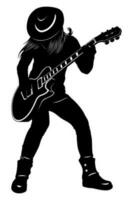 Silhouette of human playing on electric guitar. Vector clipart isolated on white.