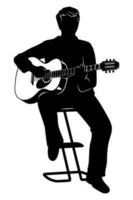 Silhouette of sitting man playing on acoustic guitar. Vector clipart isolated on white.