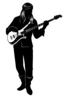 Silhouette of man playing on electric bass guitar. Vector clipart isolated on white.