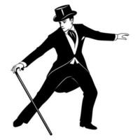 Silhouette of Retro Dancer. Man in tailcoat and top hat with cane dancing. Vector cliparts isolated on white.