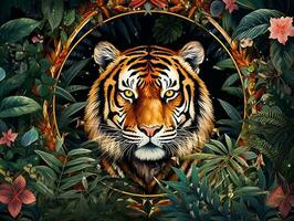 Tiger portrait in jungle, art deco style photo