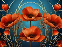 Red poppies in art deco style, line design photo