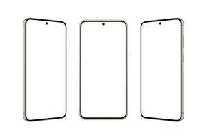 Small rounded phone with a small built-in camera in the display. Isolated screen and background for mockup, app presentation. Front, left and right position photo