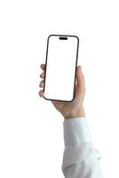 Hand shows mobile phone with isolated screen and background for mockup app or web page presentation photo