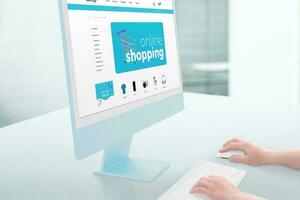 E-Commerce and online shopping composition with computer display and modern web page design photo