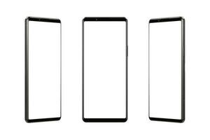 Large black smartphone with isolated in white, blank display in three positions. Clean white background for effective marketing of digital offerings photo