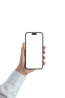 Hand holding a smartphone with a sleek white isolated screen, perfect for app presentations and mockup. White shirt sleeve photo