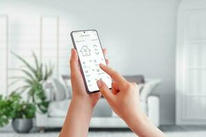 Smart home management with a mobile phone in a woman's hand, seamlessly connecting to a smart home app while surrounded by the comfort of a stylish living room photo