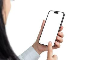Woman use app on smartphone with isolated screen for effective app presentations. Isolated screen and background photo