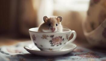 mullido pequeño mamífero sentado en mesa, mirando a dulce comida generado por ai foto