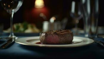 Grilled sirloin steak on elegant plate with fine dining ambiance generated by AI photo