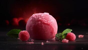 Fresh berry sorbet with mint leaf on wooden plate, gourmet indulgence generated by AI photo