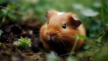 Fluffy guinea pig in green grass, close up portrait, selective focus generated by AI photo