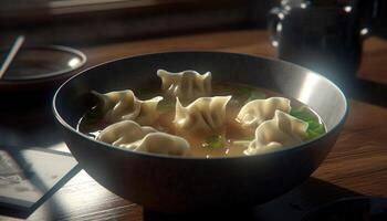 Steamed Chinese dumplings, a gourmet meal of pork and vegetable generated by AI photo