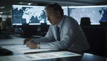 Confident businessman planning strategy, holding pencil, working indoors at desk generated by AI photo