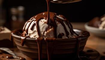 Melting chocolate sauce on homemade ice cream generated by AI photo