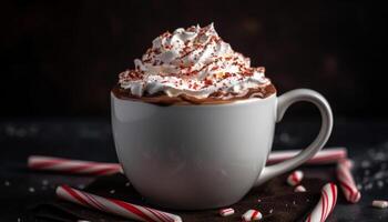 Whipped cream and chocolate decorate sweet drink generated by AI photo