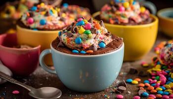 Multi colored cupcakes on wooden table with decorations generated by AI photo
