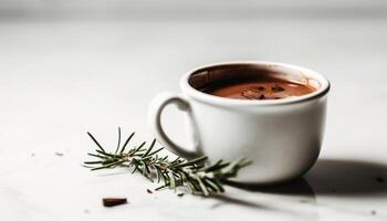 Hot drink on wooden table, winter refreshment generated by AI photo